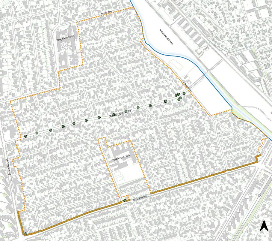 Illustreret kort over den del af Risbjergkvarteret, der er omfattet af ny lokalplan i Hvidovre