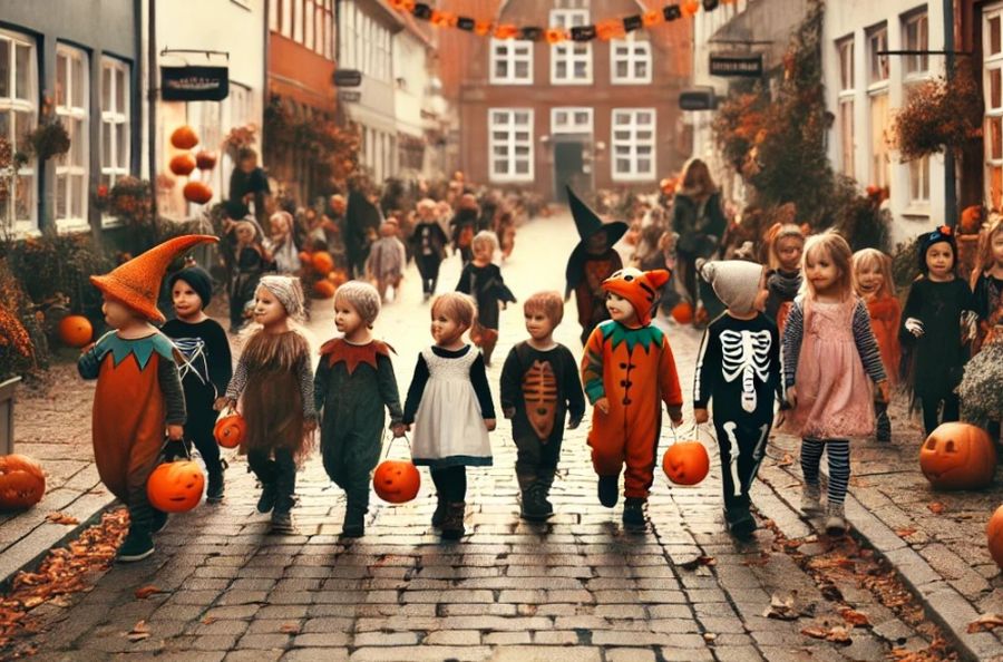 Halloween-optog med børn, lavet med DALL-E